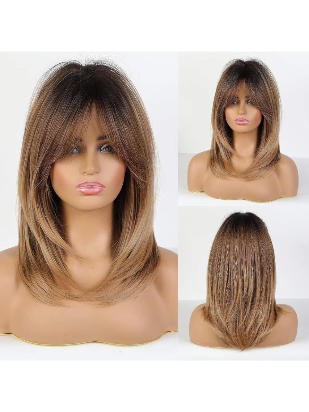 Women Wine Red Heat Resistant Long Curly Shoulder Length Synthetic Wigs